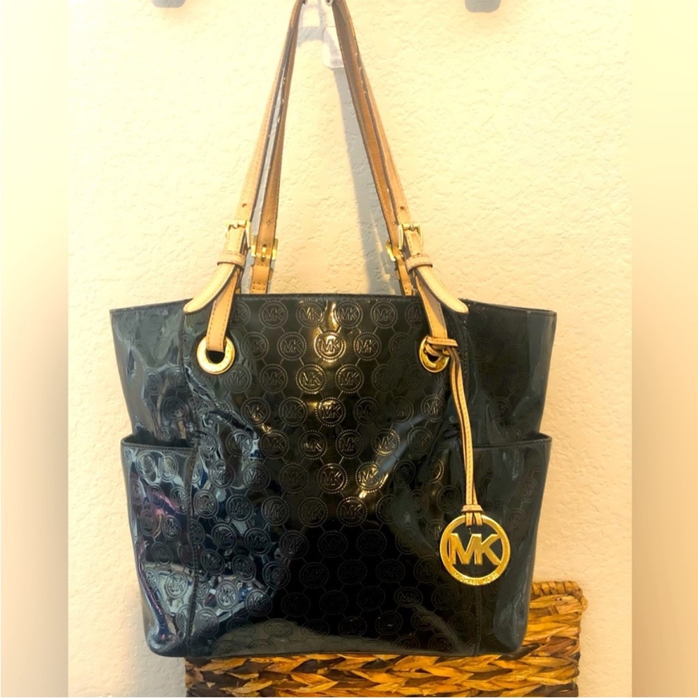 Michael Kors Large Tote Coated Canvas Leather Tech Handbag Black Jet Set